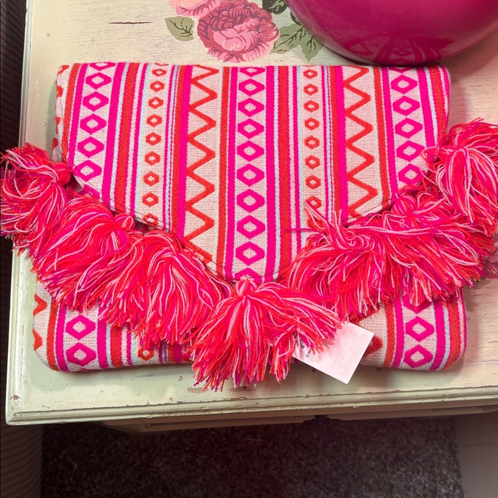 Mud Pie Pink and Red Tassel Clutch